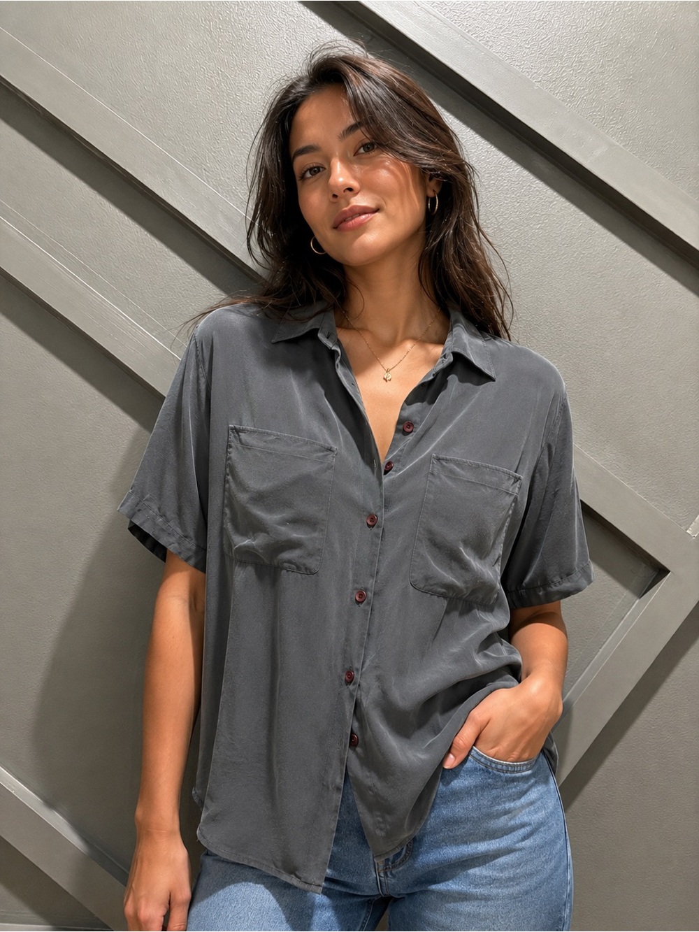 Oscar de la Renta Expressions 100% Silk Button Front Blouse Size 10 Black